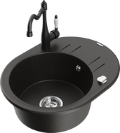Mexen Kevin 1-compartment granite sink with a drip tray and kitchen mixer tap Carla, Black/Gold metallic - 6517-75-670700-70