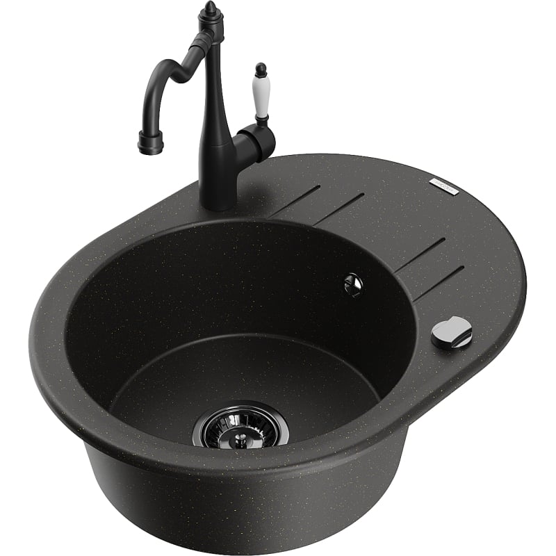 Mexen Kevin 1-bowl granite sink with drainer and kitchen faucet Carla, black/gold metallic - 6517-75-670700-70-B