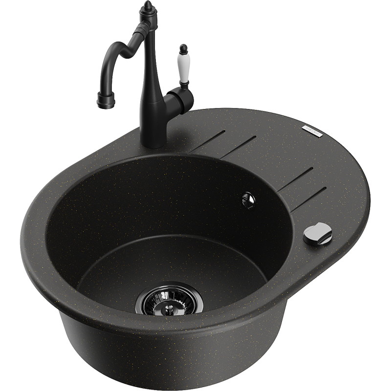 Mexen Kevin granite kitchen sink 1-bowl with drainer and kitchen faucet Carla, black/golden metallic - 6517-75-670700-70-B