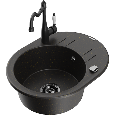 Mexen Kevin 1-bowl granite sink with drainer and kitchen faucet Carla, black/gold metallic - 6517-75-670700-70-B
