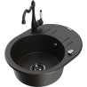 Mexen Kevin granite kitchen sink, 1-bowl with drainer and Carla kitchen tap, black/gold metallic - 6517-75-670700-70-B
