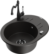 Mexen Kevin 1-compartment granite sink with a drip tray and kitchen mixer tap Carla, Black/Gold metallic - 6517-75-670700-70-B