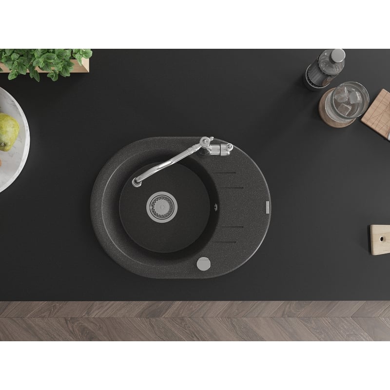 Mexen Kevin 1-bowl granite sink with drainer and kitchen faucet Carla, speckled black - 6517-76-670700-00