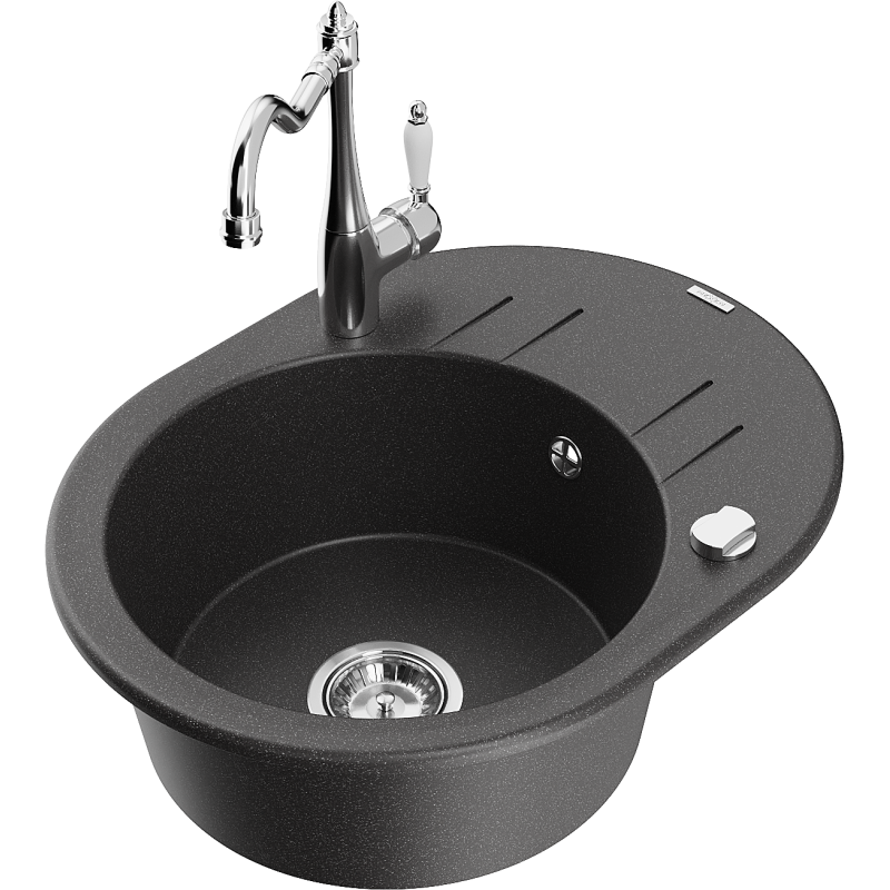 Mexen Kevin granite sink 1-bowl with drainer and Carla kitchen tap, black spotted - 6517-76-670700-00