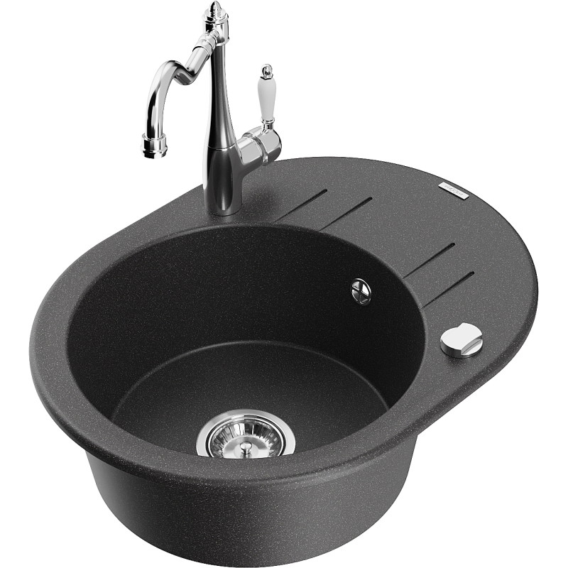 Mexen Kevin granite sink with 1 bowl, drainer, and Carla kitchen faucet, speckled black - 6517-76-670700-00