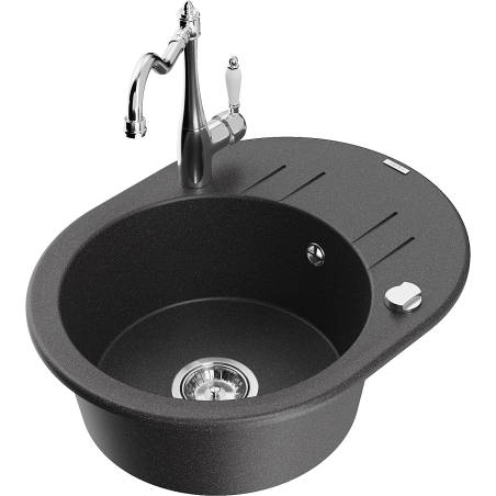 Mexen Kevin granite sink 1-bowl with drainer and Carla kitchen tap, black spotted - 6517-76-670700-00