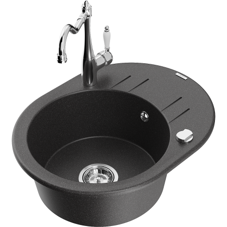 Mexen Kevin granite sink with 1 bowl, drainer, and Carla kitchen faucet, speckled black - 6517-76-670700-00