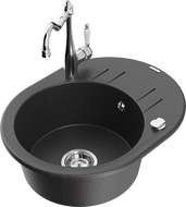 Mexen Kevin granite sink 1-bowl with drainer and Carla kitchen tap, black spotted - 6517-76-670700-00