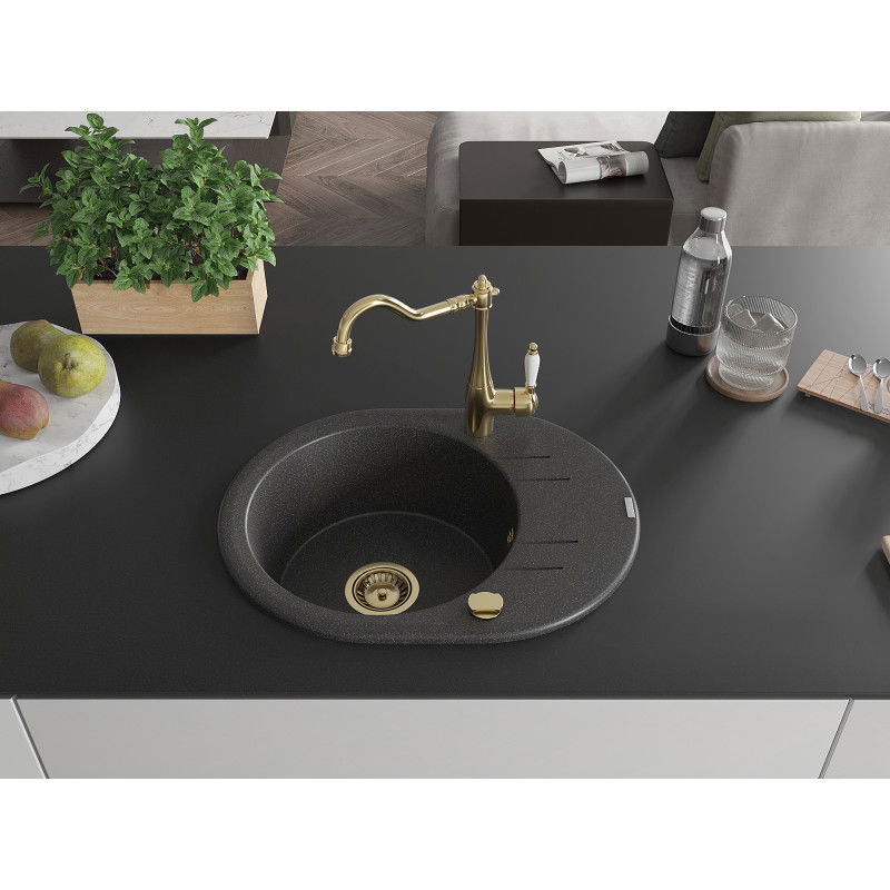 Mexen Kevin granite sink 1-bowl with drainer and Carla kitchen tap, black speckled - 6517-76-670700-50