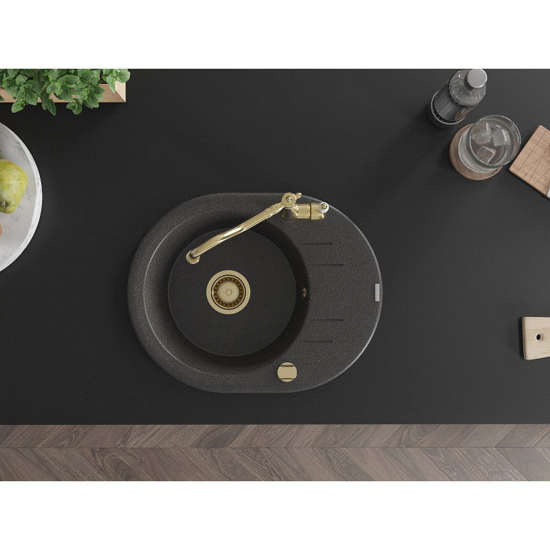 Mexen Kevin granite sink 1-bowl with drainer and Carla kitchen tap, black speckled - 6517-76-670700-50