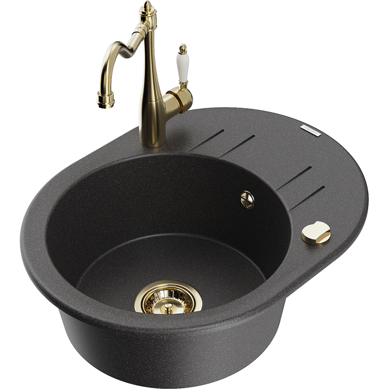 Mexen Kevin granite sink 1-bowl with drainer and Carla kitchen tap, black speckled - 6517-76-670700-50