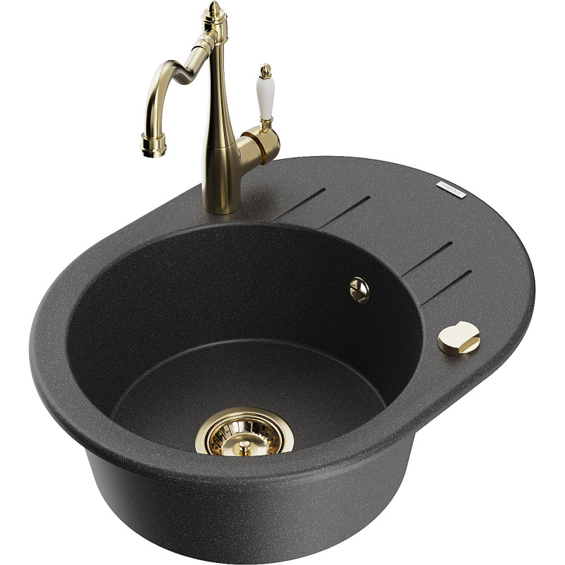 Mexen Kevin single-bowl granite sink with drainer and kitchen faucet Carla, black speckled - 6517-76-670700-50