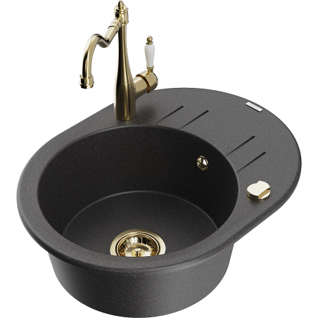 Mexen Kevin granite sink 1-bowl with drainer and Carla kitchen tap, black speckled - 6517-76-670700-50