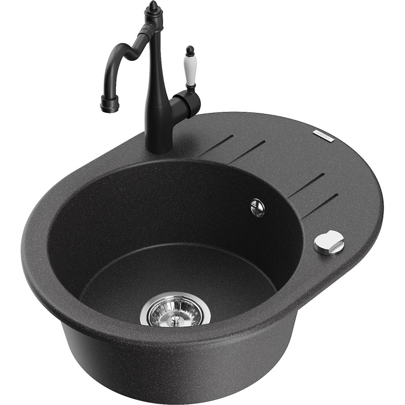 Mexen Kevin 1-bowl granite sink with drainer and kitchen faucet Carla, speckled black - 6517-76-670700-70