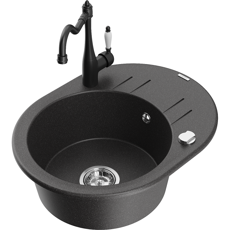 Mexen Kevin 1-compartment granite sink with a drip tray and kitchen mixer tap Carla, spotted black - 6517-76-670700-70