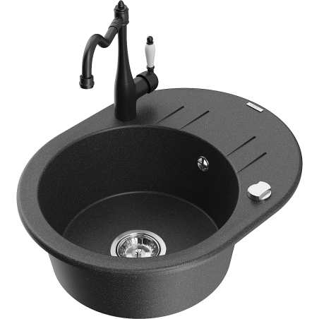 Mexen Kevin granite kitchen sink 1-bowl with drainer and kitchen faucet Carla, black speckled - 6517-76-670700-70