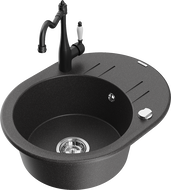 Mexen Kevin granite sink 1-bowl with drainer and Carla kitchen tap, black speckled - 6517-76-670700-70