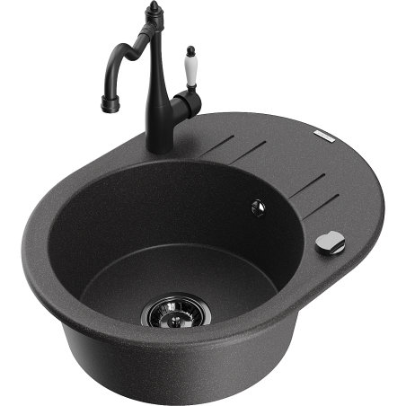 Mexen Kevin 1-bowl granite sink with drainer and Carla kitchen faucet, speckled black - 6517-76-670700-70-B