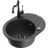 Mexen Kevin 1-bowl granite sink with drainer and Carla kitchen faucet, speckled black - 6517-76-670700-70-B