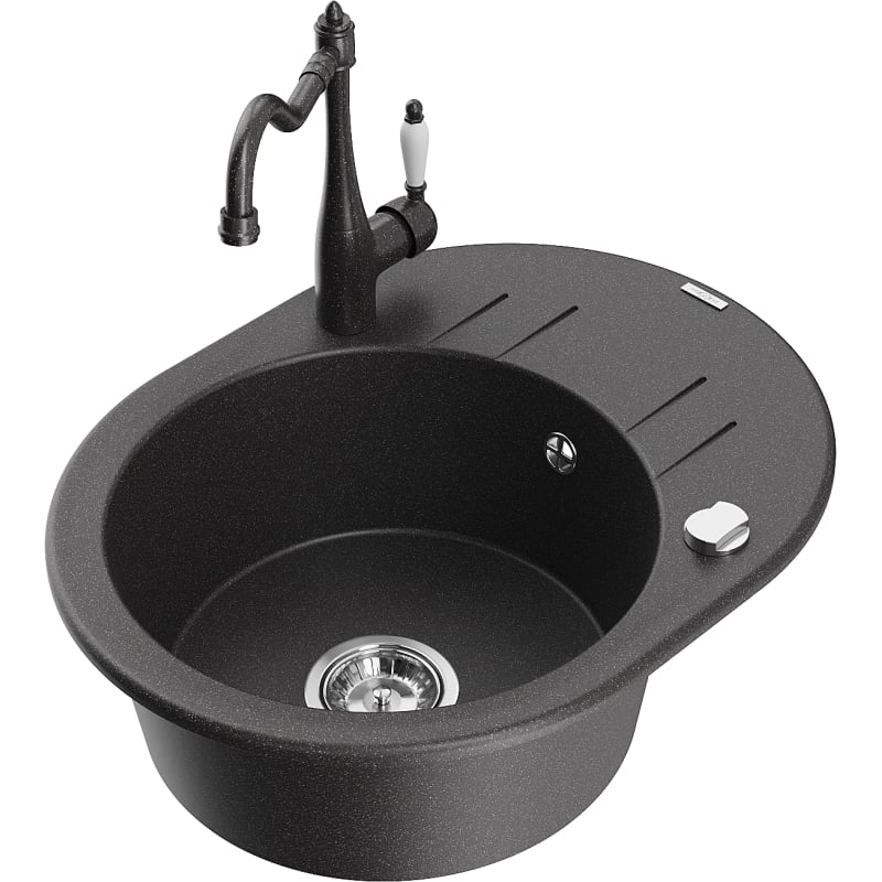 Mexen Kevin 1-Bowl Granite Sink with Drainer and Carla Kitchen Faucet, Black Speckled - 6517-76-670700-76