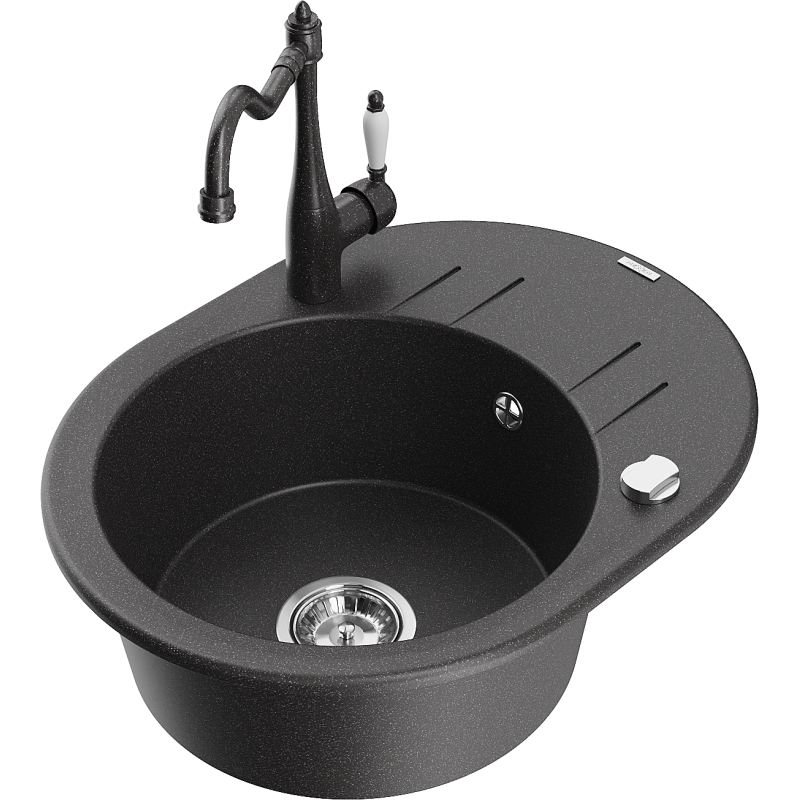 Mexen Kevin 1-compartment granite sink with a drip tray and kitchen mixer tap Carla, spotted black - 6517-76-670700-76