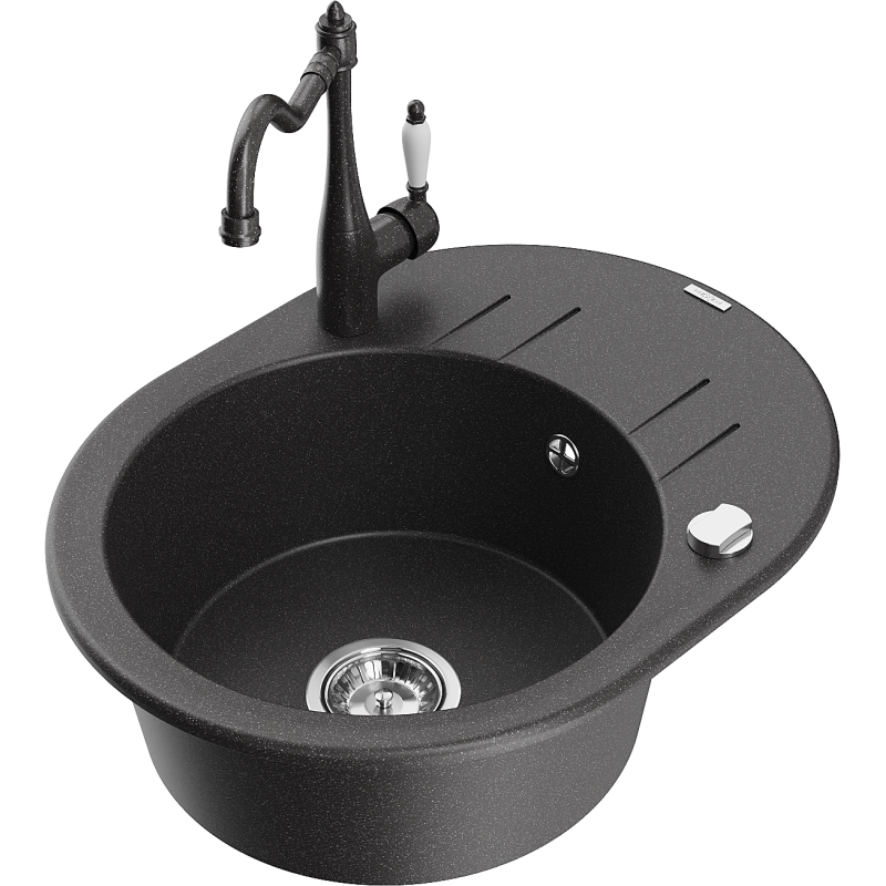 Mexen Kevin granite sink 1-bowl with drainer and Carla kitchen tap, black speckled - 6517-76-670700-76