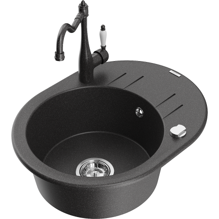 Mexen Kevin 1-Bowl Granite Sink with Drainer and Carla Kitchen Faucet, Black Speckled - 6517-76-670700-76