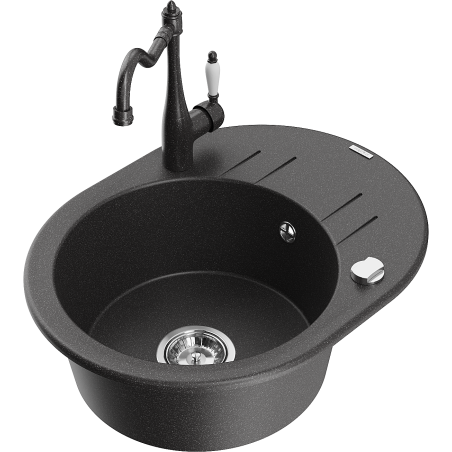 Mexen Kevin granite single-bowl sink with drainer and Carla kitchen faucet, speckled black - 6517-76-670700-76