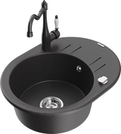Mexen Kevin 1-Bowl Granite Sink with Drainer and Carla Kitchen Faucet, Black Speckled - 6517-76-670700-76