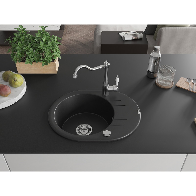 Mexen Kevin Granite Kitchen Sink 1-Bowl with Drainer and Carla Faucet, Black - 6517-77-670700-00