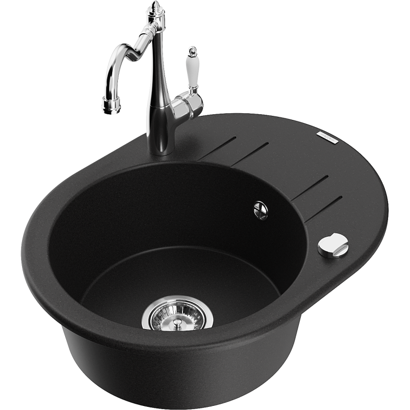 Mexen Kevin 1-compartment granite sink with a drip tray and kitchen mixer tap Carla, Black - 6517-77-670700-00