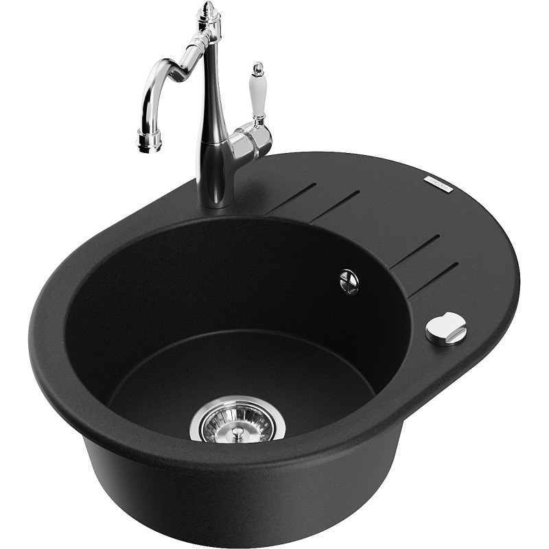 Mexen Kevin granite kitchen sink 1-bowl with drainer and kitchen faucet Carla, black - 6517-77-670700-00
