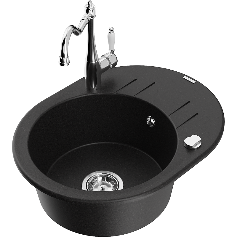 Mexen Kevin granite sink 1-bowl with drainer and Carla kitchen tap, black - 6517-77-670700-00