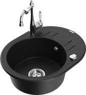 Mexen Kevin Granite Kitchen Sink 1-Bowl with Drainer and Carla Faucet, Black - 6517-77-670700-00
