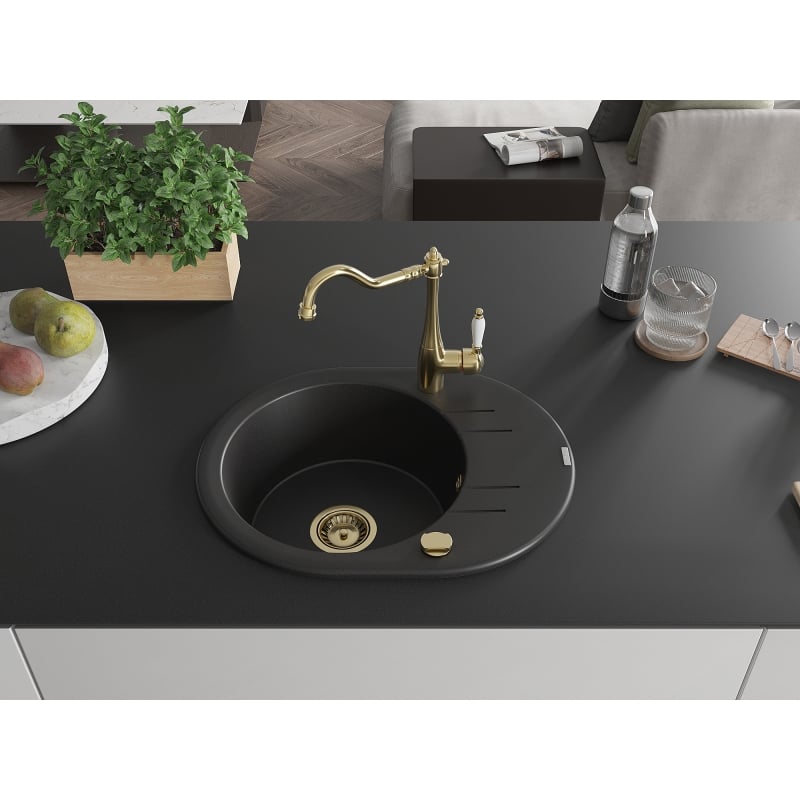 Mexen Kevin granite sink single-bowl with drainer and kitchen faucet Carla, black - 6517-77-670700-50