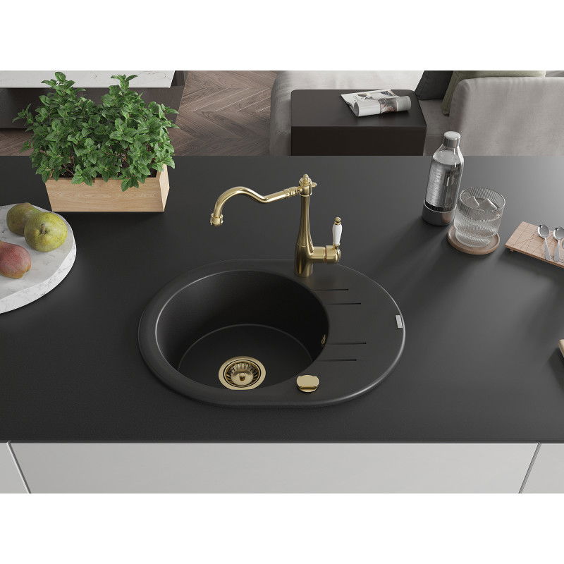 Mexen Kevin single-bowl granite sink with drainer and Carla kitchen tap, black - 6517-77-670700-50