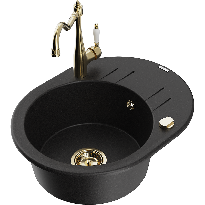Mexen Kevin 1-compartment granite sink with a drip tray and kitchen mixer tap Carla, Black - 6517-77-670700-50