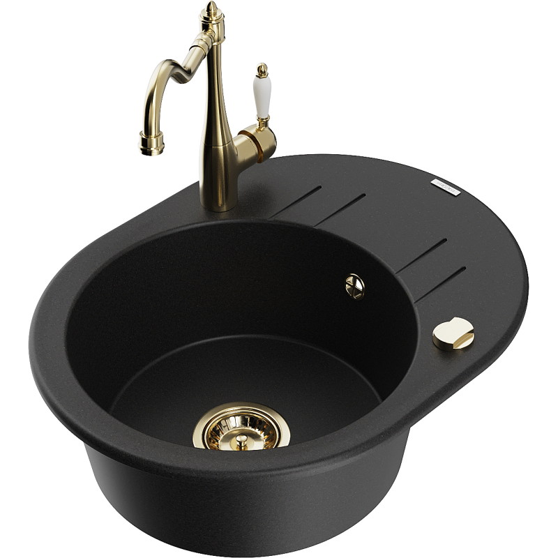 Mexen Kevin granite kitchen sink 1-bowl with drainer and kitchen faucet Carla, black - 6517-77-670700-50