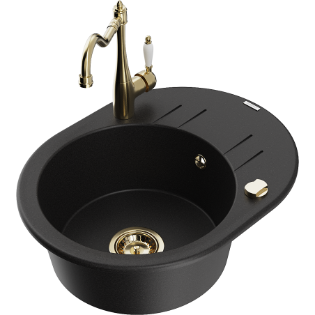 Mexen Kevin granite sink single-bowl with drainer and kitchen faucet Carla, black - 6517-77-670700-50