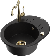 Mexen Kevin single-bowl granite sink with drainer and Carla kitchen tap, black - 6517-77-670700-50
