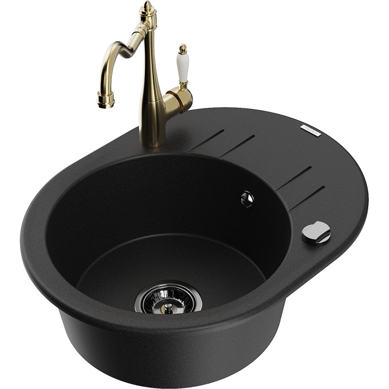 Mexen Kevin granite sink single-bowl with drainer and kitchen faucet Carla, black - 6517-77-670700-50-B