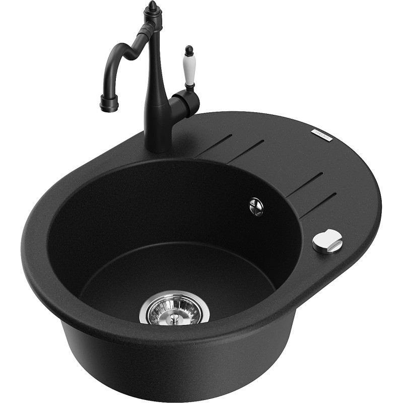 Mexen Kevin granite kitchen sink 1-bowl with drainer and kitchen faucet Carla, black - 6517-77-670700-70