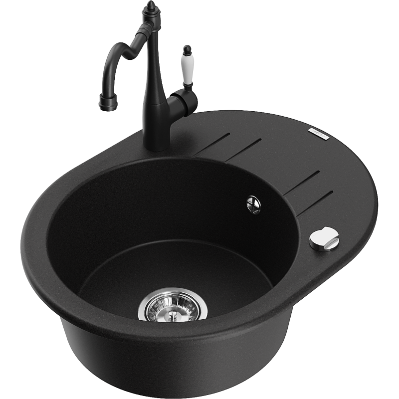 Mexen Kevin granite sink 1-bowl with drainer and kitchen tap Carla, black - 6517-77-670700-70