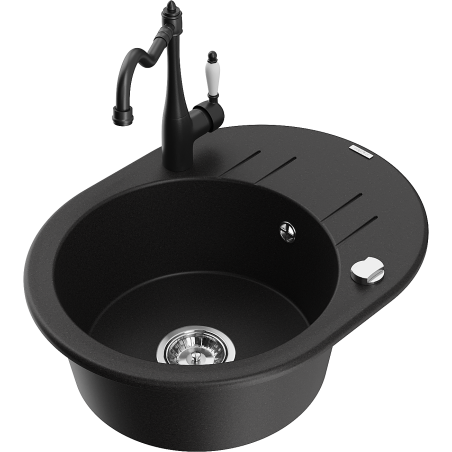 Mexen Kevin granite kitchen sink 1-bowl with drainer and Carla faucet, black - 6517-77-670700-70