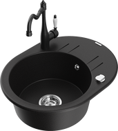 Mexen Kevin granite kitchen sink 1-bowl with drainer and kitchen faucet Carla, black - 6517-77-670700-70