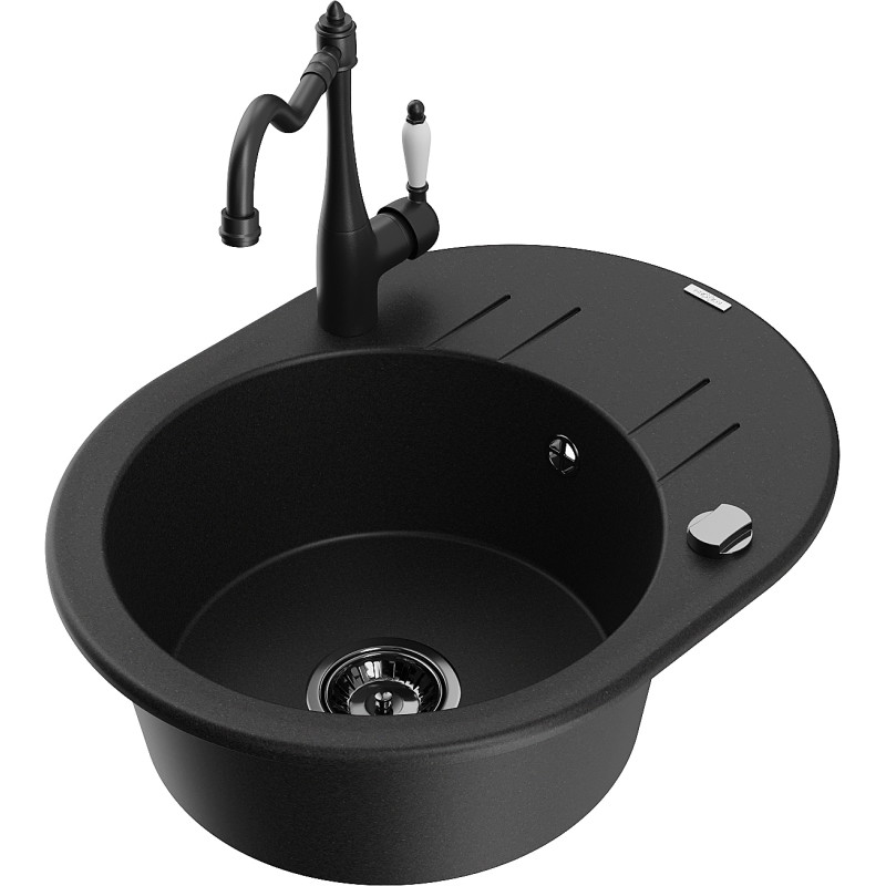 Mexen Kevin 1-bowl granite kitchen sink with drainer and Carla kitchen faucet, black - 6517-77-670700-70-B