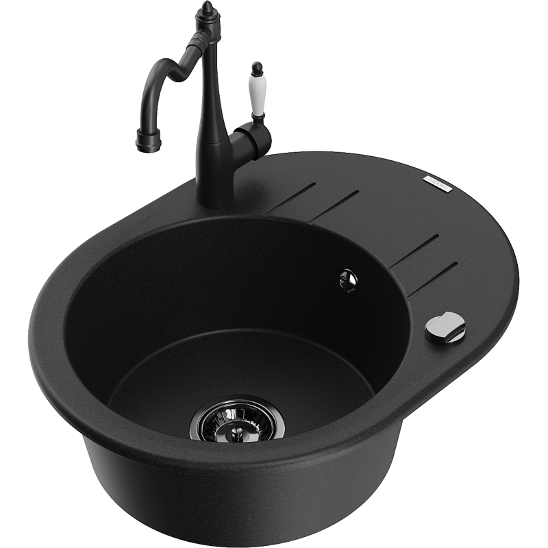 Mexen Kevin 1-compartment granite sink with a drip tray and kitchen mixer tap Carla, Black - 6517-77-670700-70-B