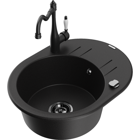 Mexen Kevin 1-bowl granite kitchen sink with drainer and Carla kitchen faucet, black - 6517-77-670700-70-B