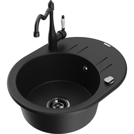 Mexen Kevin granite sink 1-bowl with drainer and kitchen faucet Carla, black - 6517-77-670700-70-B