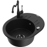 Mexen Kevin 1-Bowl Granite Sink with Drainer and Carla Kitchen Tap, Black - 6517-77-670700-70-B